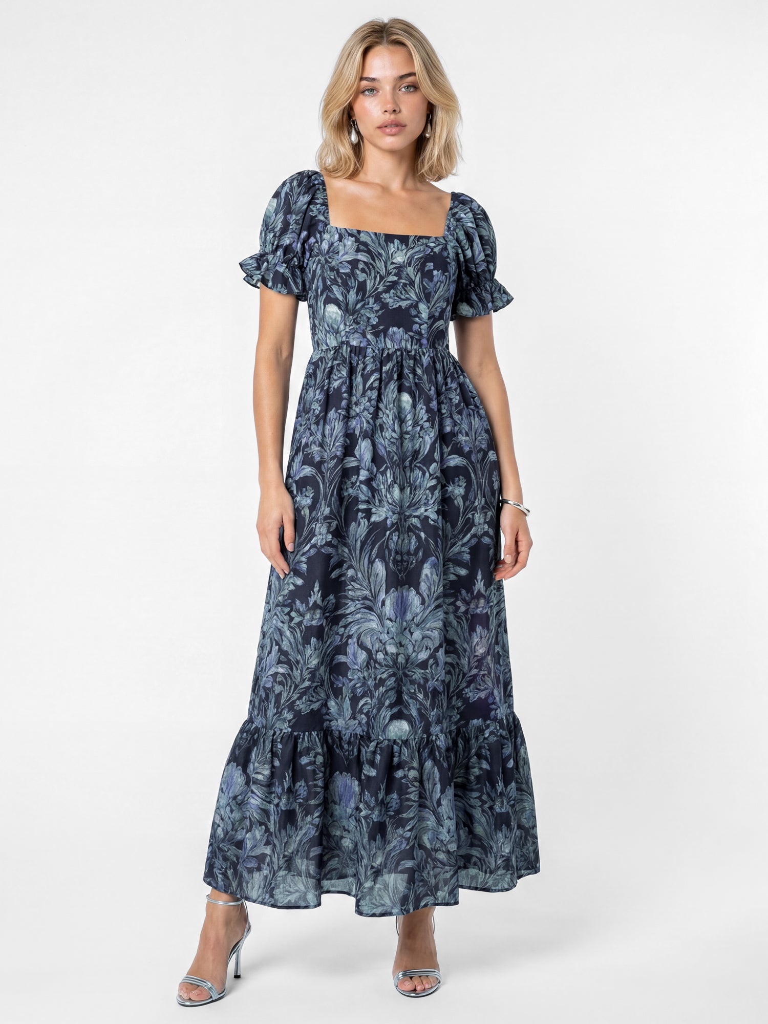 Lovedrobe Floral Print Puff Sleeve Square Neck Midaxi Dress