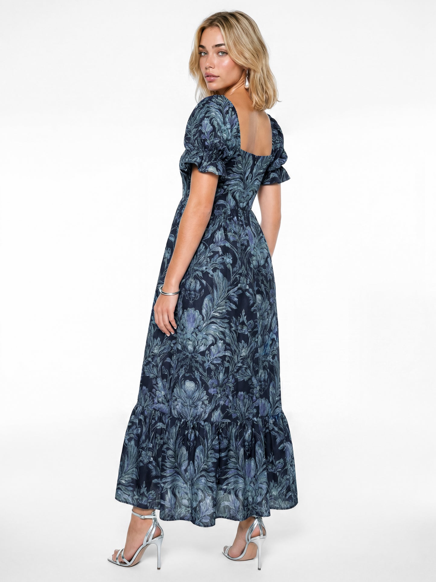 Lovedrobe Blue Floral Print Puff Sleeve Square Neck Midaxi Dress