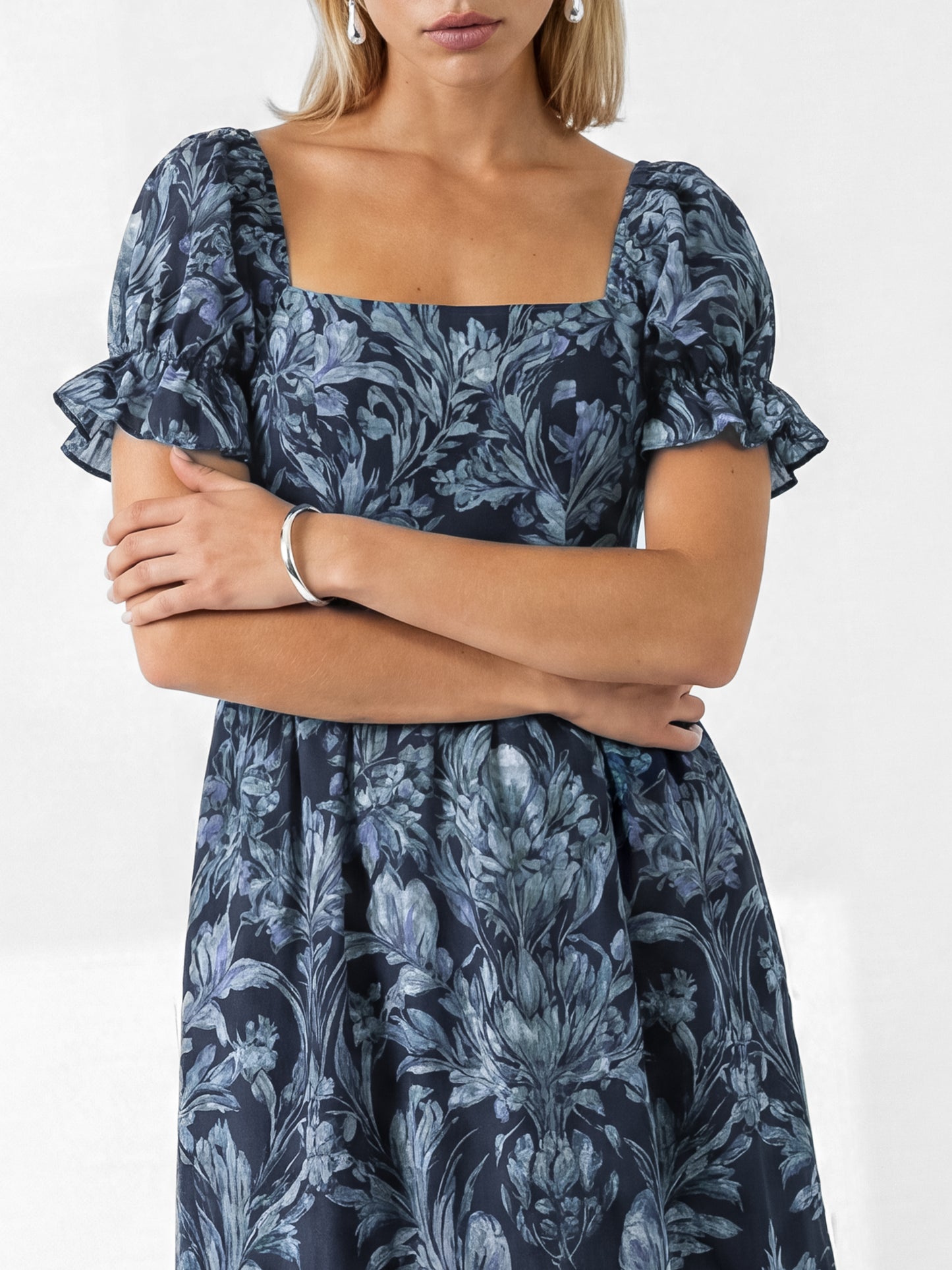 Lovedrobe Blue Floral Print Puff Sleeve Square Neck Midaxi Dress