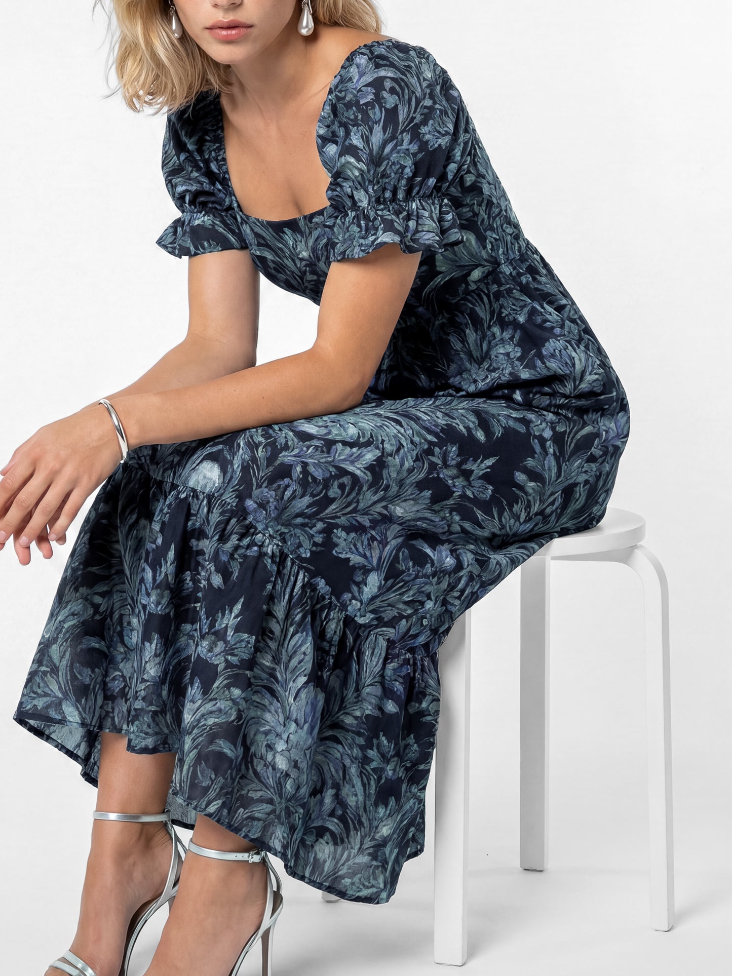 Lovedrobe Blue Floral Print Puff Sleeve Square Neck Midaxi Dress