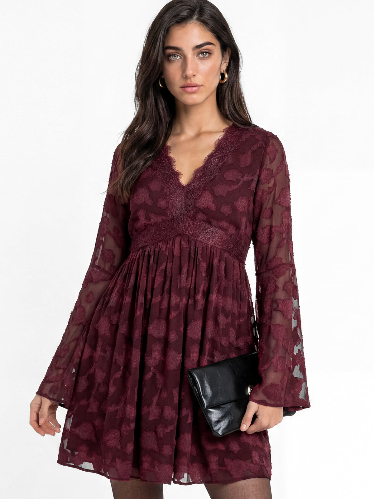Lovedrobe Berry Floral Burnout Lace Detail Long Sleeve Mini Dress