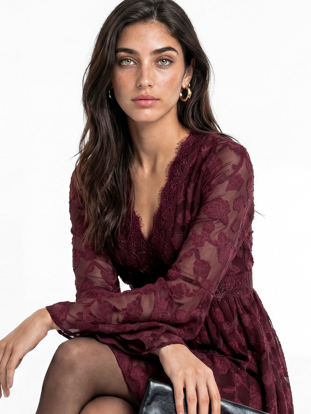 Lovedrobe Berry Floral Burnout Lace Detail Long Sleeve Mini Dress