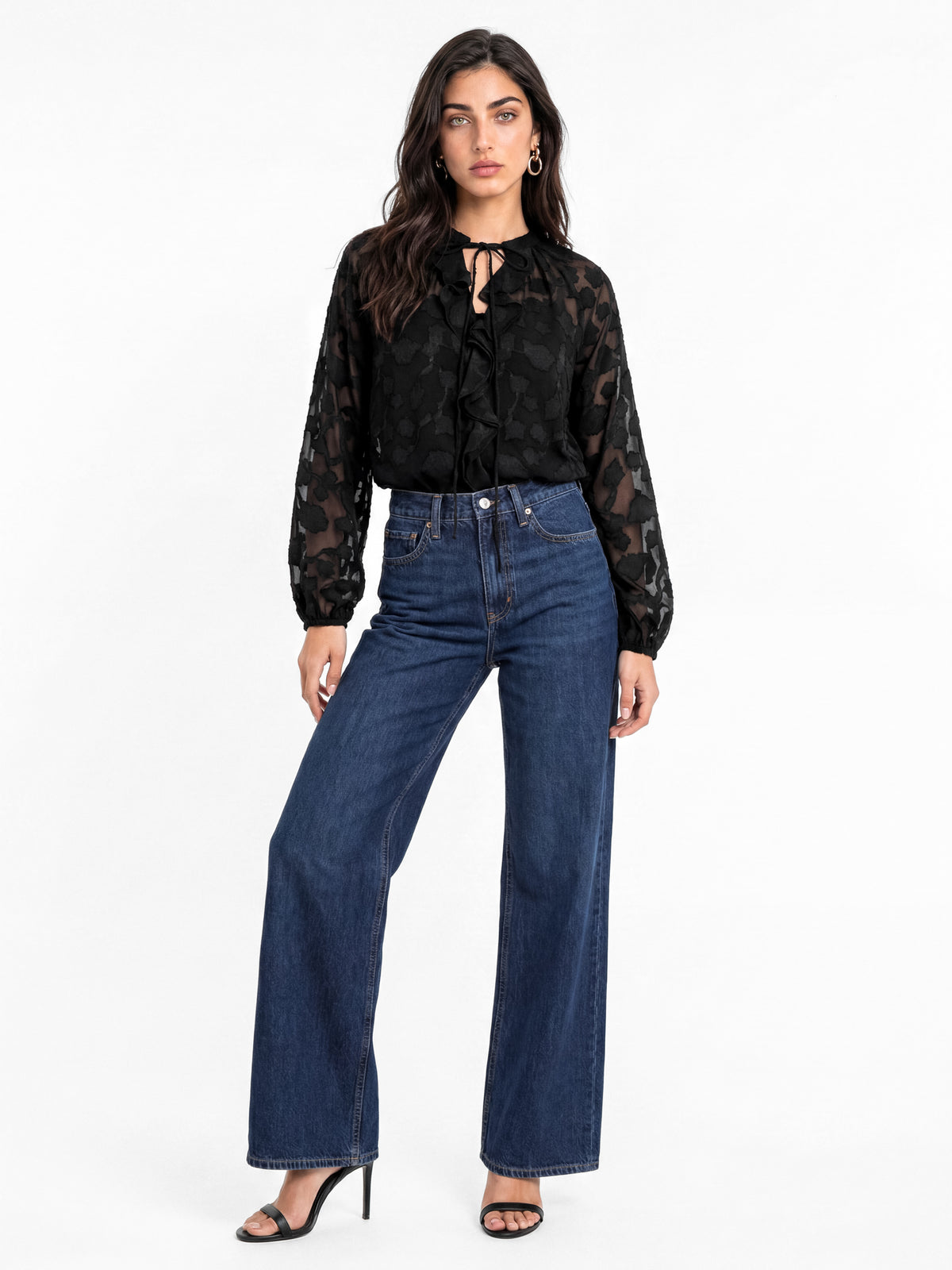 Lovedrobe Black Floral Burnout Raglan Sleeve Ruffle Blouse