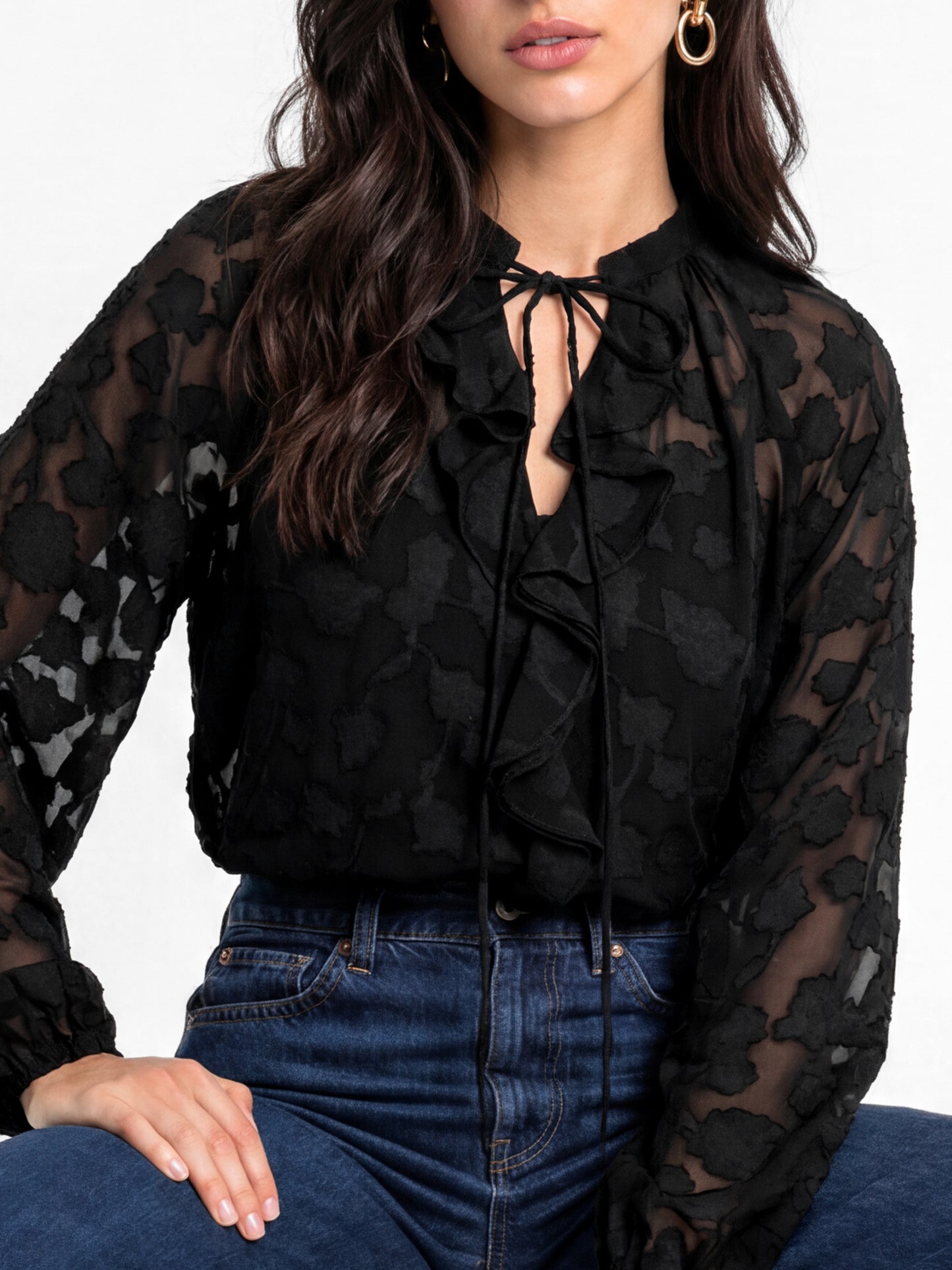 Lovedrobe Black Floral Burnout Raglan Sleeve Ruffle Blouse
