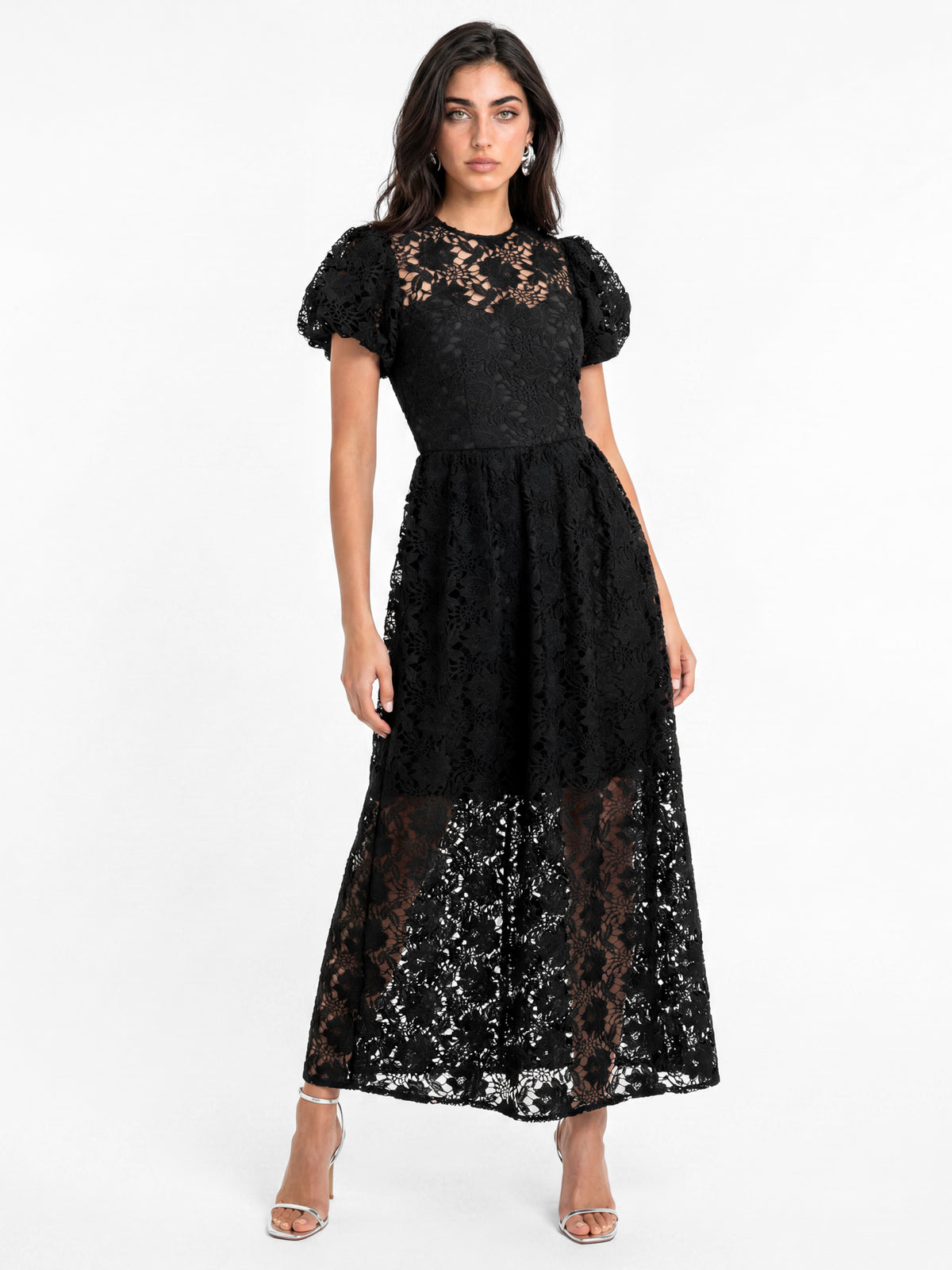 Lovedrobe Black Floral Lace Puff Sleeve Midaxi Dress