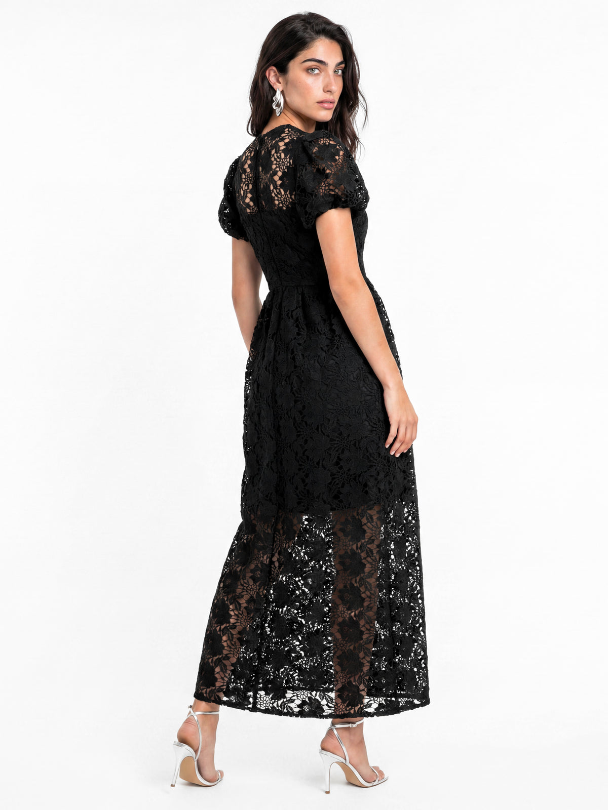Lovedrobe Black Floral Lace Puff Sleeve Midaxi Dress