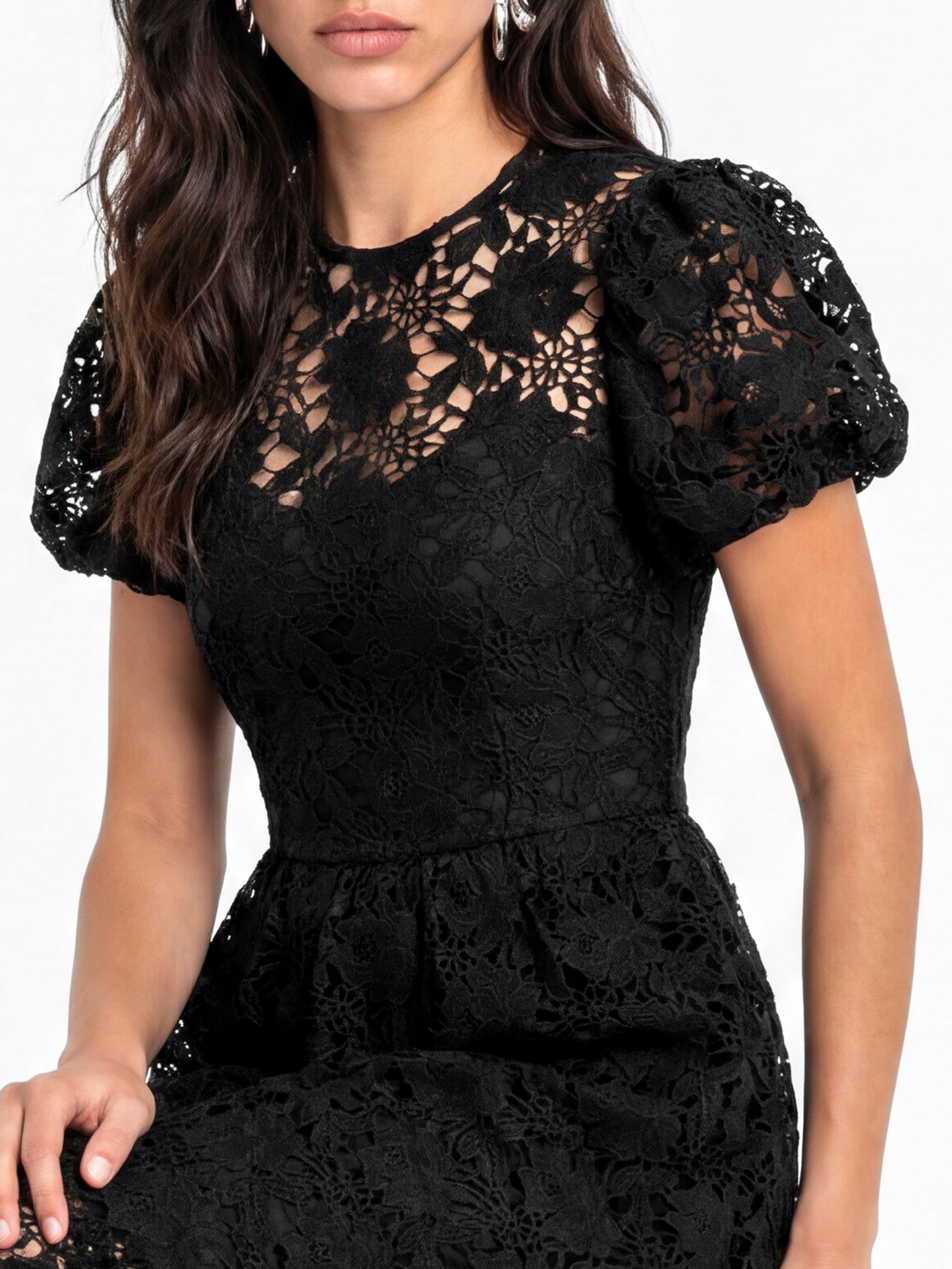 Lovedrobe Black Floral Lace Puff Sleeve Midaxi Dress