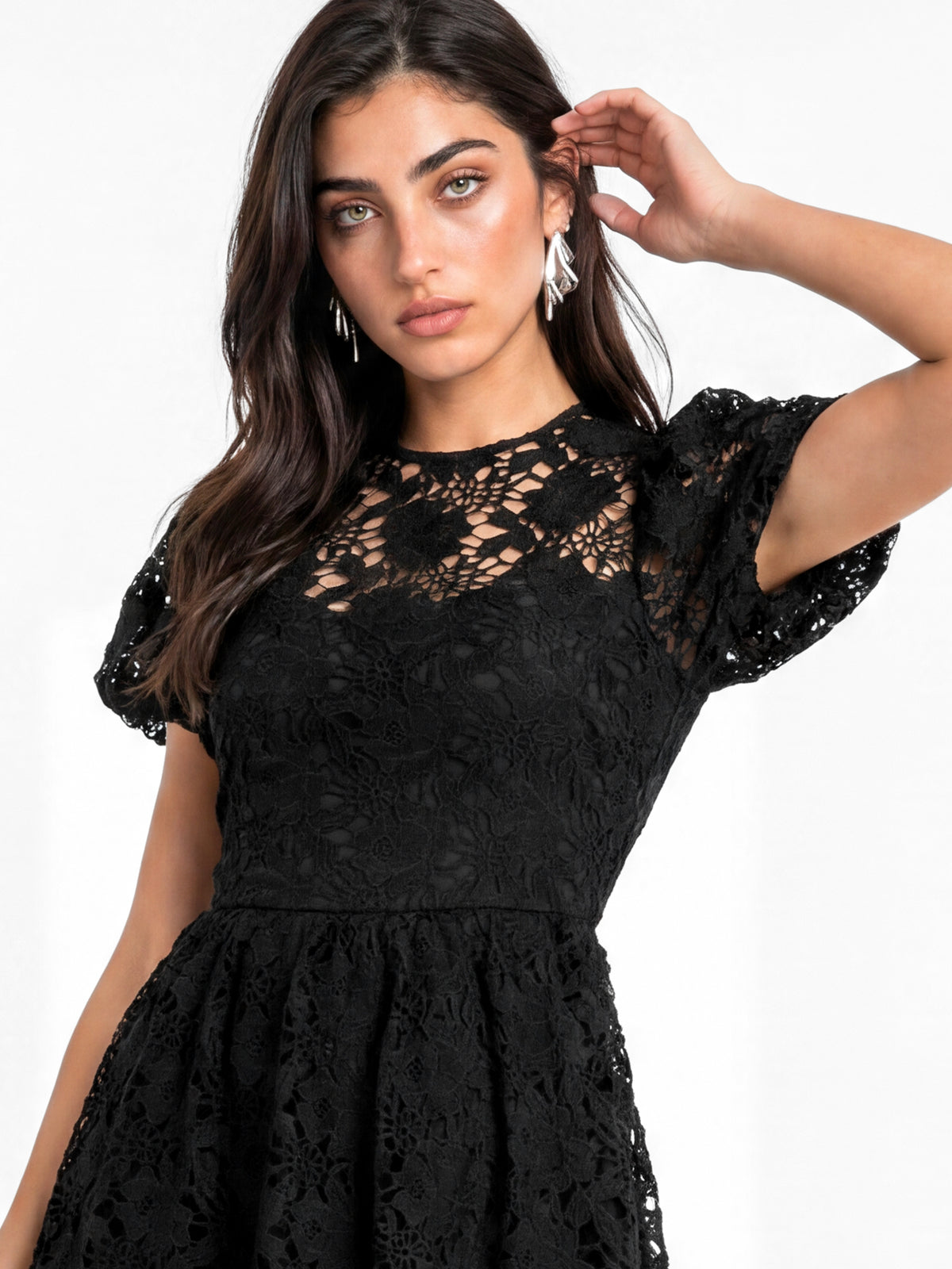 Lovedrobe Black Floral Lace Puff Sleeve Midaxi Dress