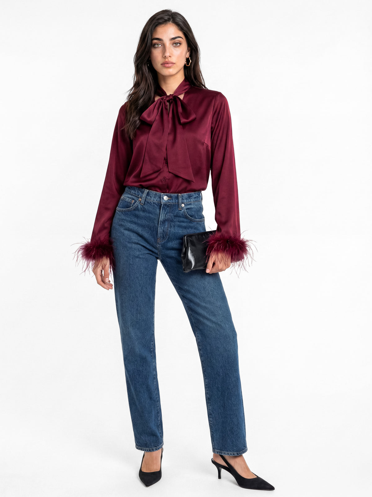 Lovedrobe Berry Pussybow Collar & Feather Cuffs Satin Blouse