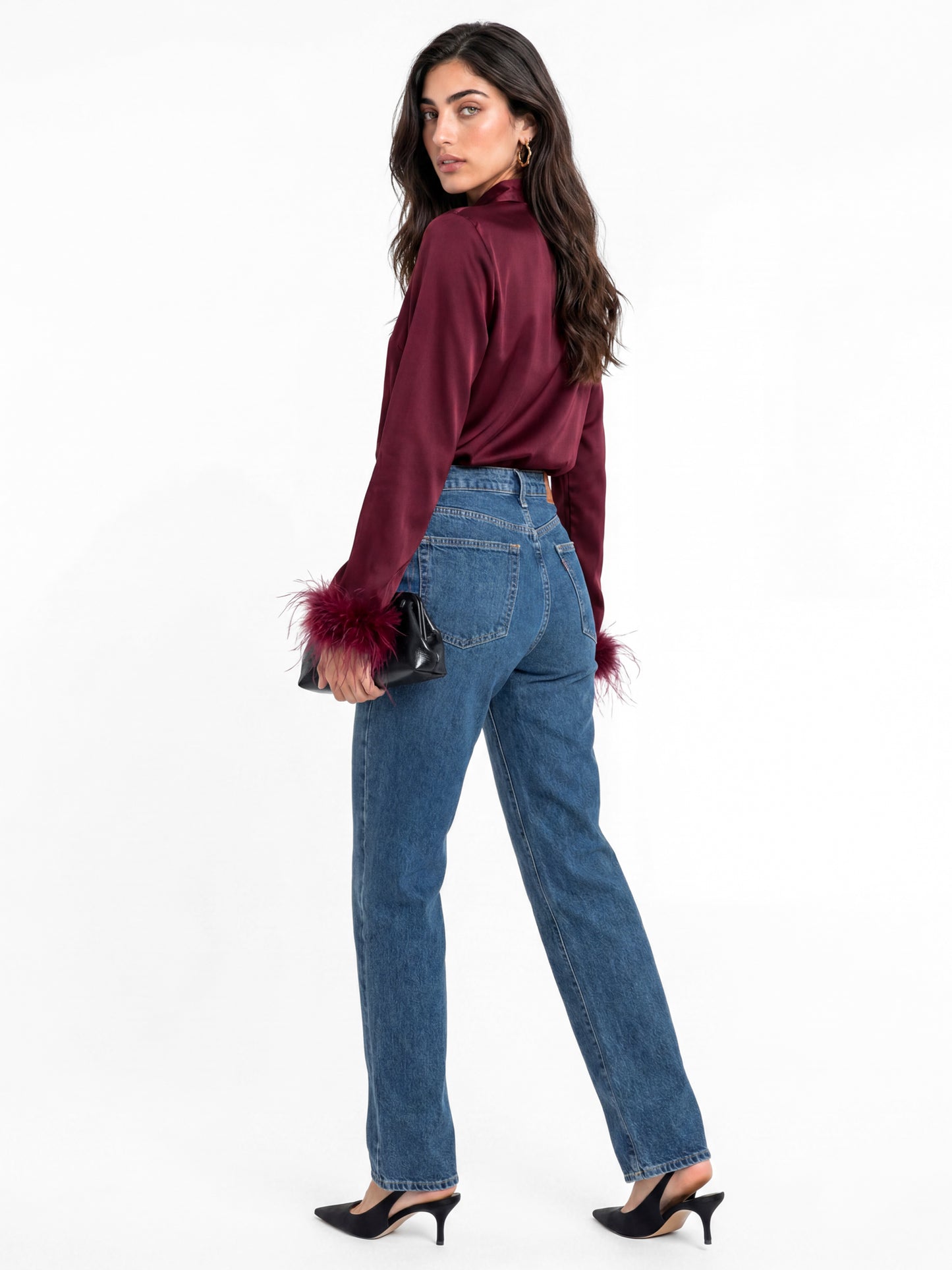 Lovedrobe Berry Pussybow Collar & Feather Cuffs Satin Blouse