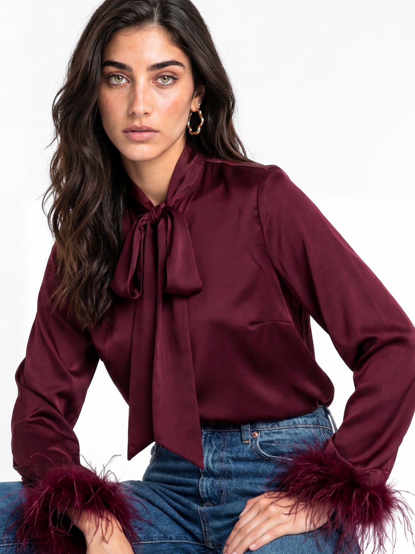 Lovedrobe Berry Pussybow Collar & Feather Cuffs Satin Blouse