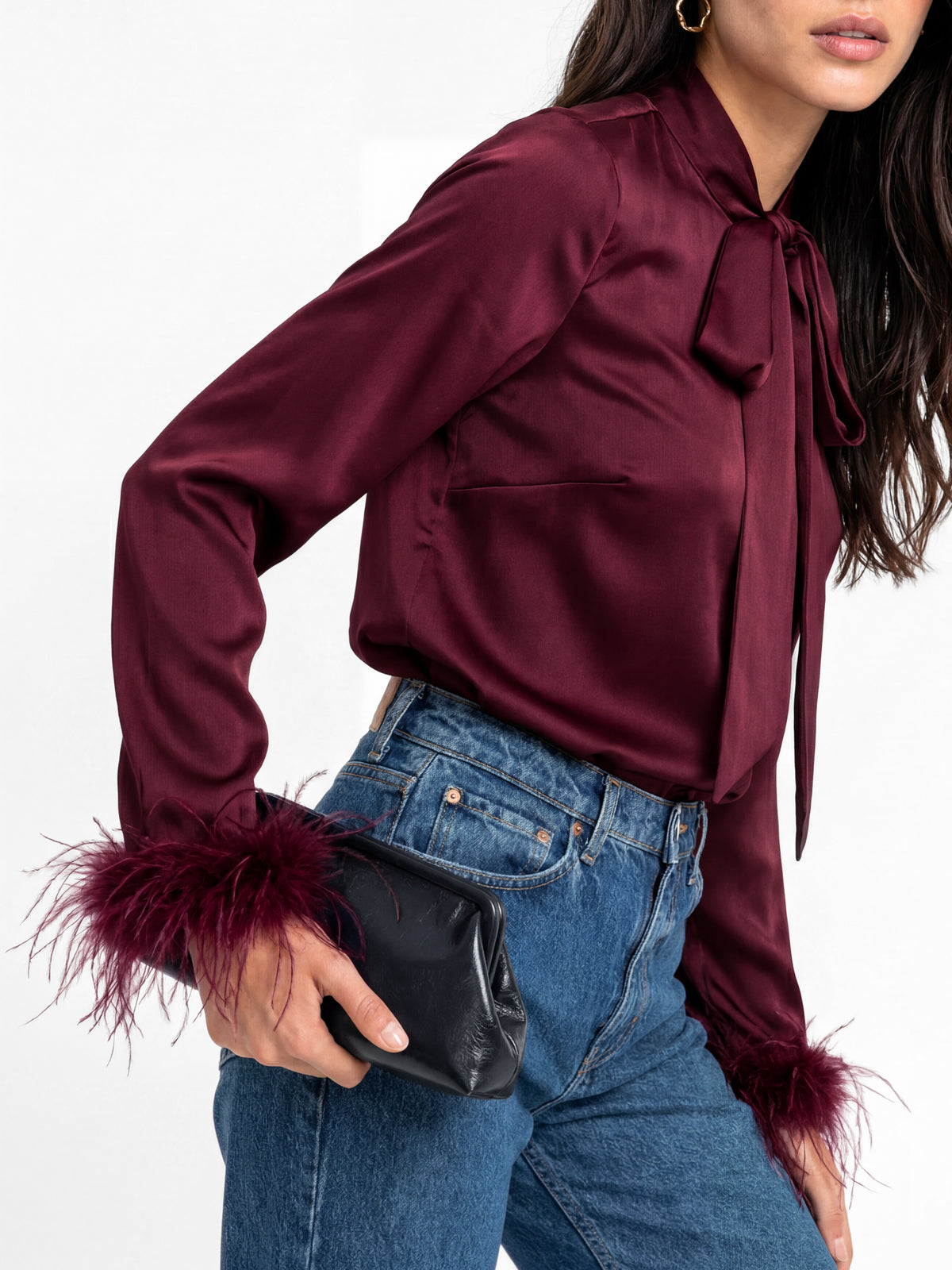 Lovedrobe Berry Pussybow Collar & Feather Cuffs Satin Blouse