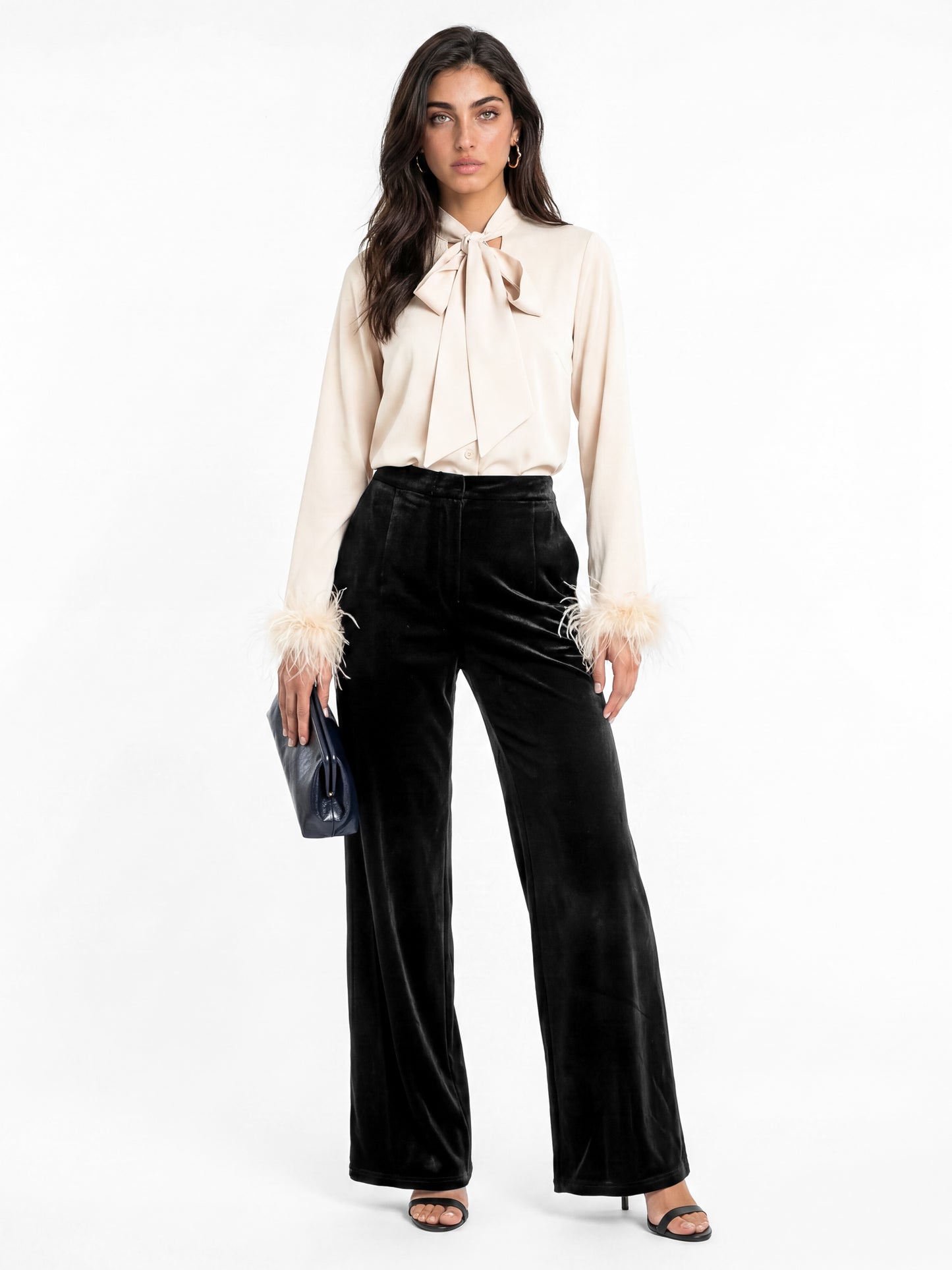 Lovedrobe Champagne Pussybow Collar & Feather Cuffs Satin Blouse