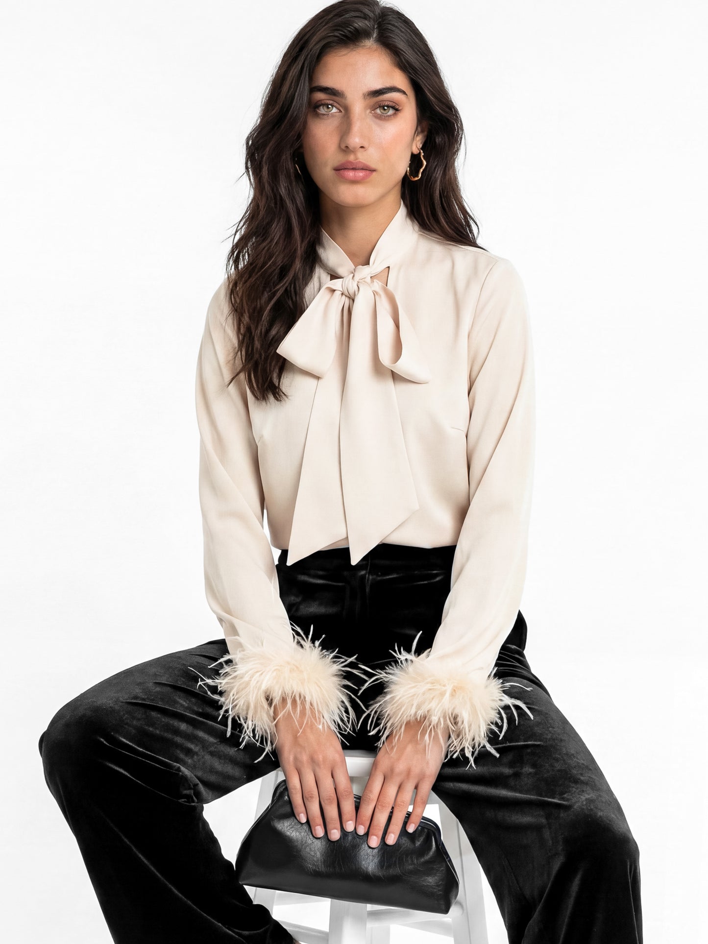 Lovedrobe Champagne Pussybow Collar & Feather Cuffs Satin Blouse