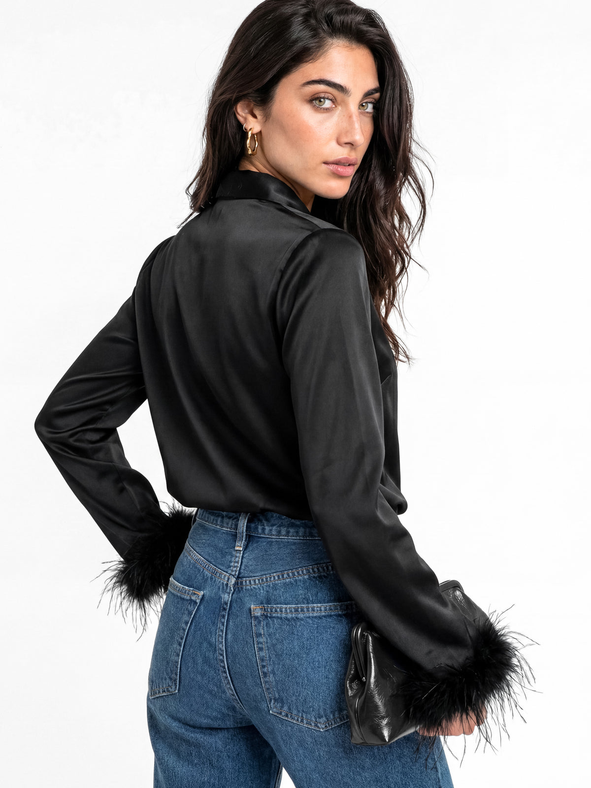 Lovedrobe Black Pussybow Collar & Feather Cuffs Satin Blouse
