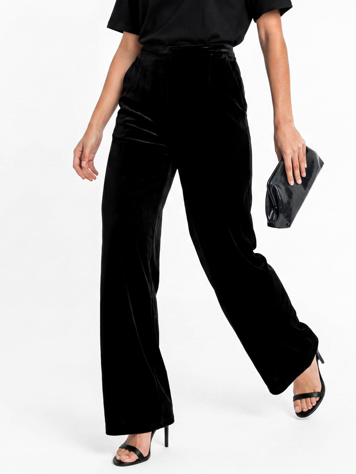 Lovedrobe Black High Waist Wide Leg Velvet Trousers With Pockets
