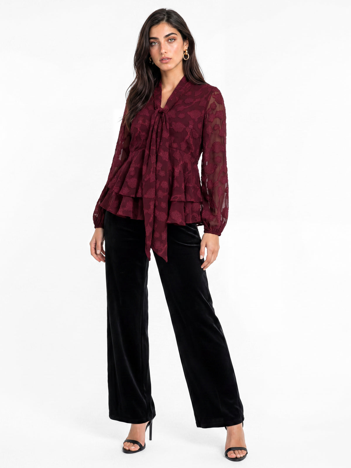 Lovedrobe Floral Burnout Pussybow Peplum Blouse