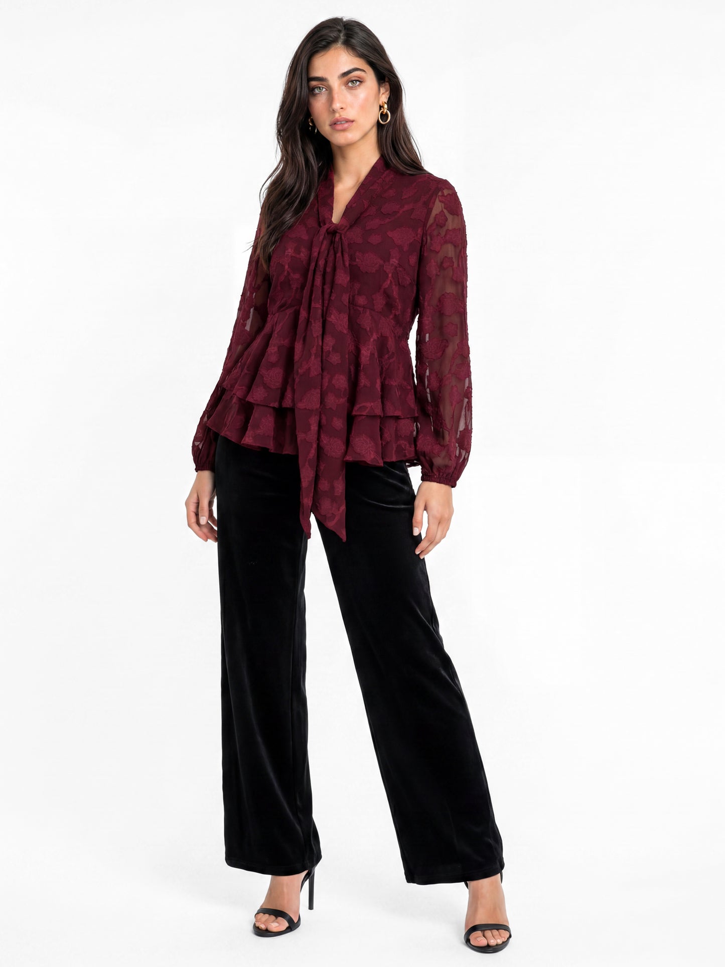 Lovedrobe Berry Floral Burnout Pussybow Peplum Blouse