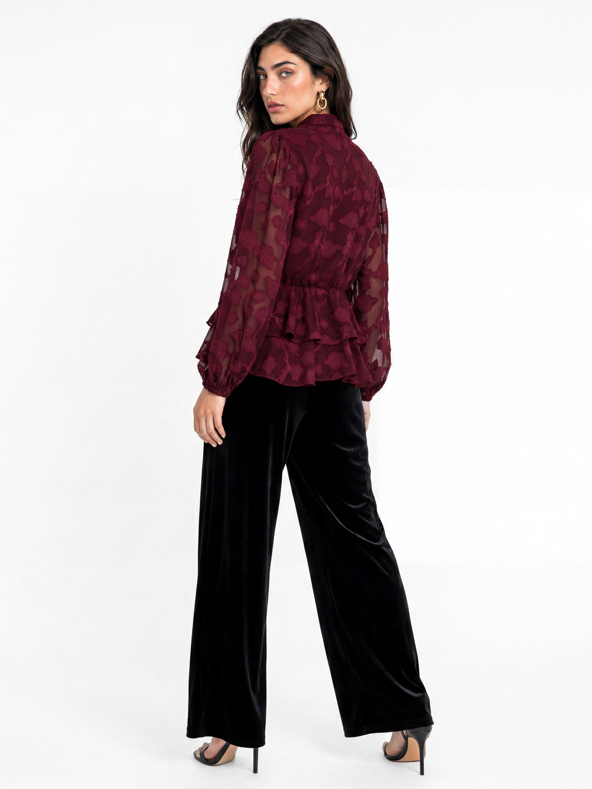 Lovedrobe Berry Floral Burnout Pussybow Peplum Blouse
