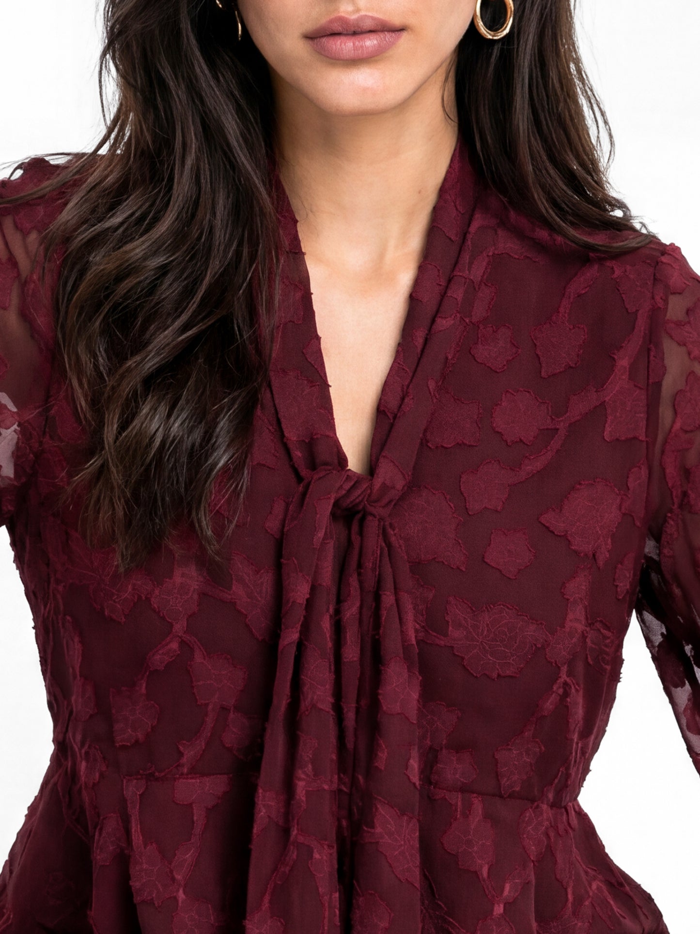 Lovedrobe Berry Floral Burnout Pussybow Peplum Blouse