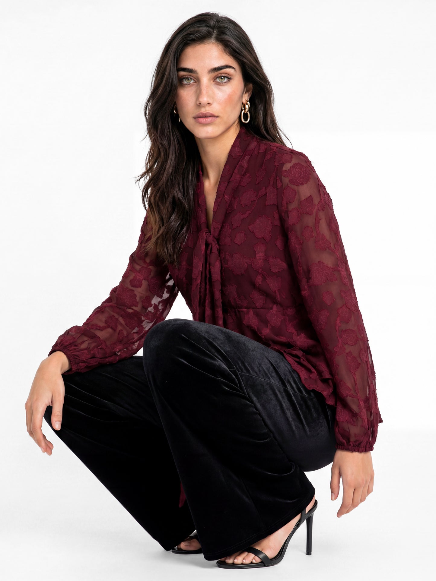 Lovedrobe Berry Floral Burnout Pussybow Peplum Blouse