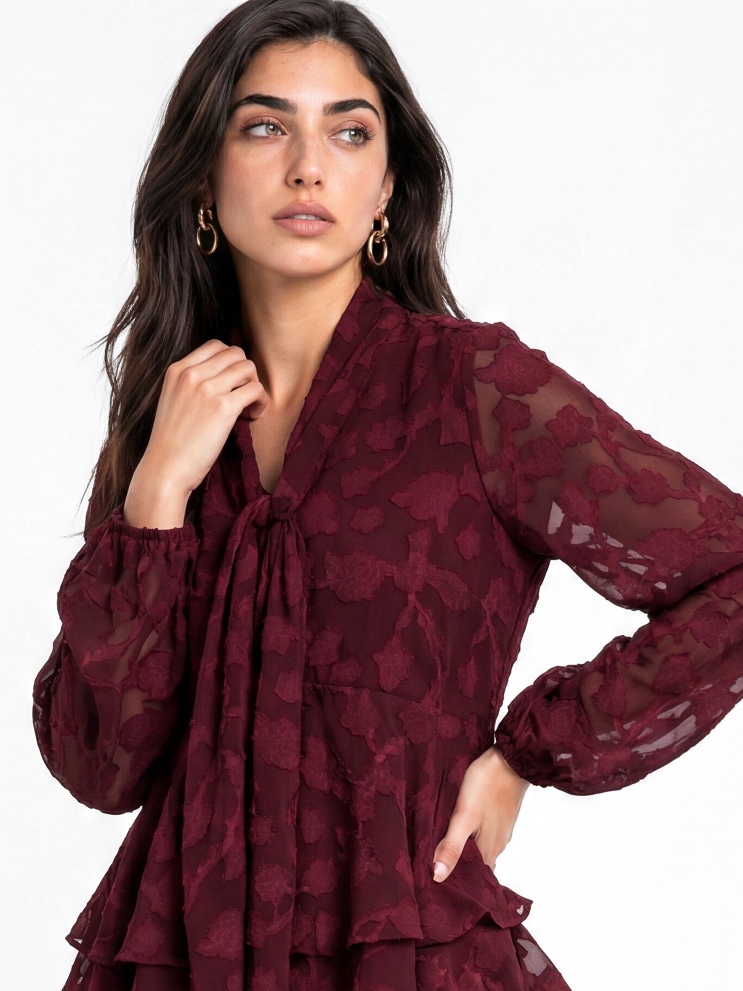 Lovedrobe Berry Floral Burnout Pussybow Peplum Blouse