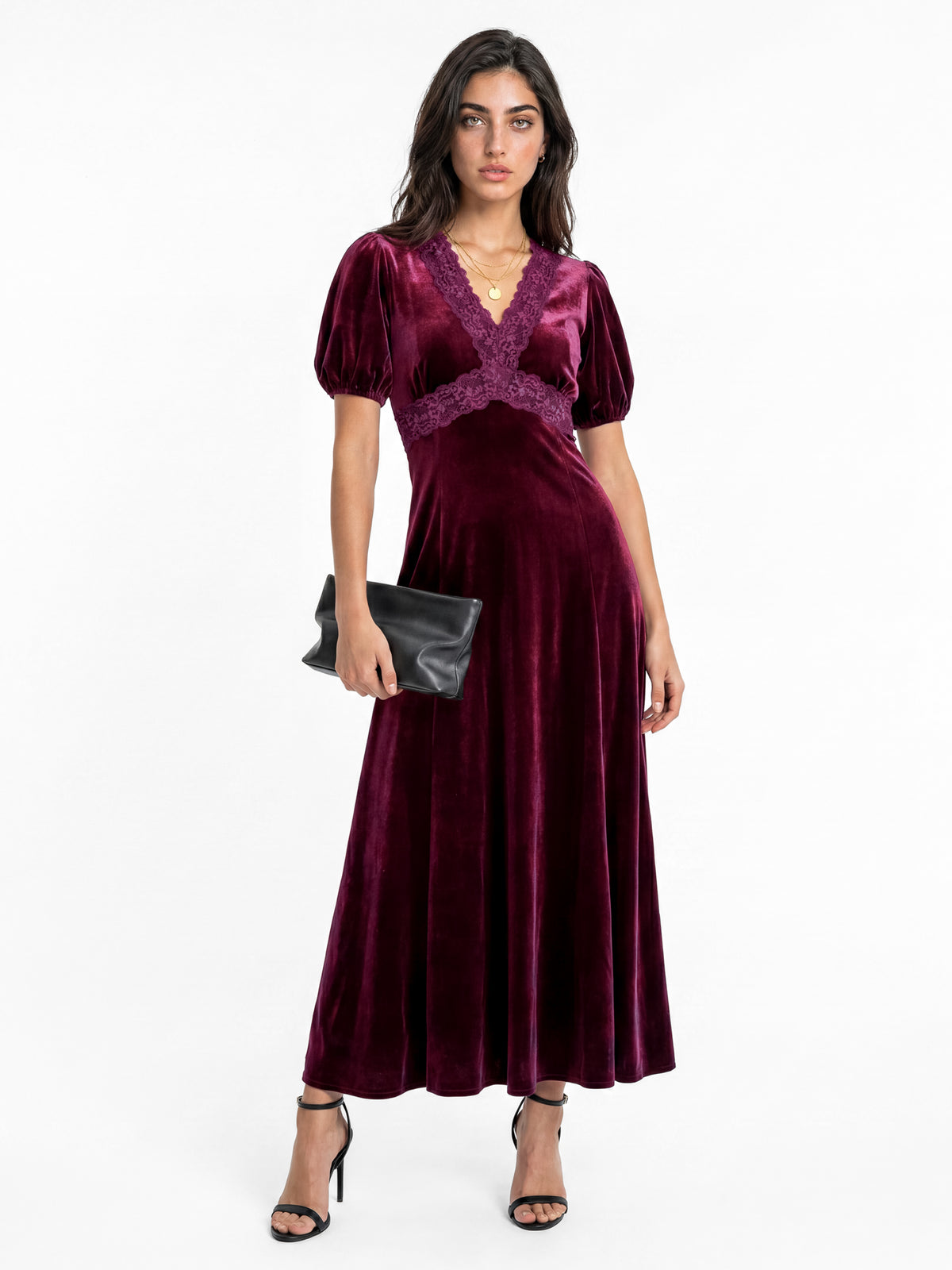 Lovedrobe Berry Short Sleeve V Neck Lace Trim Velvet Midaxi Dress