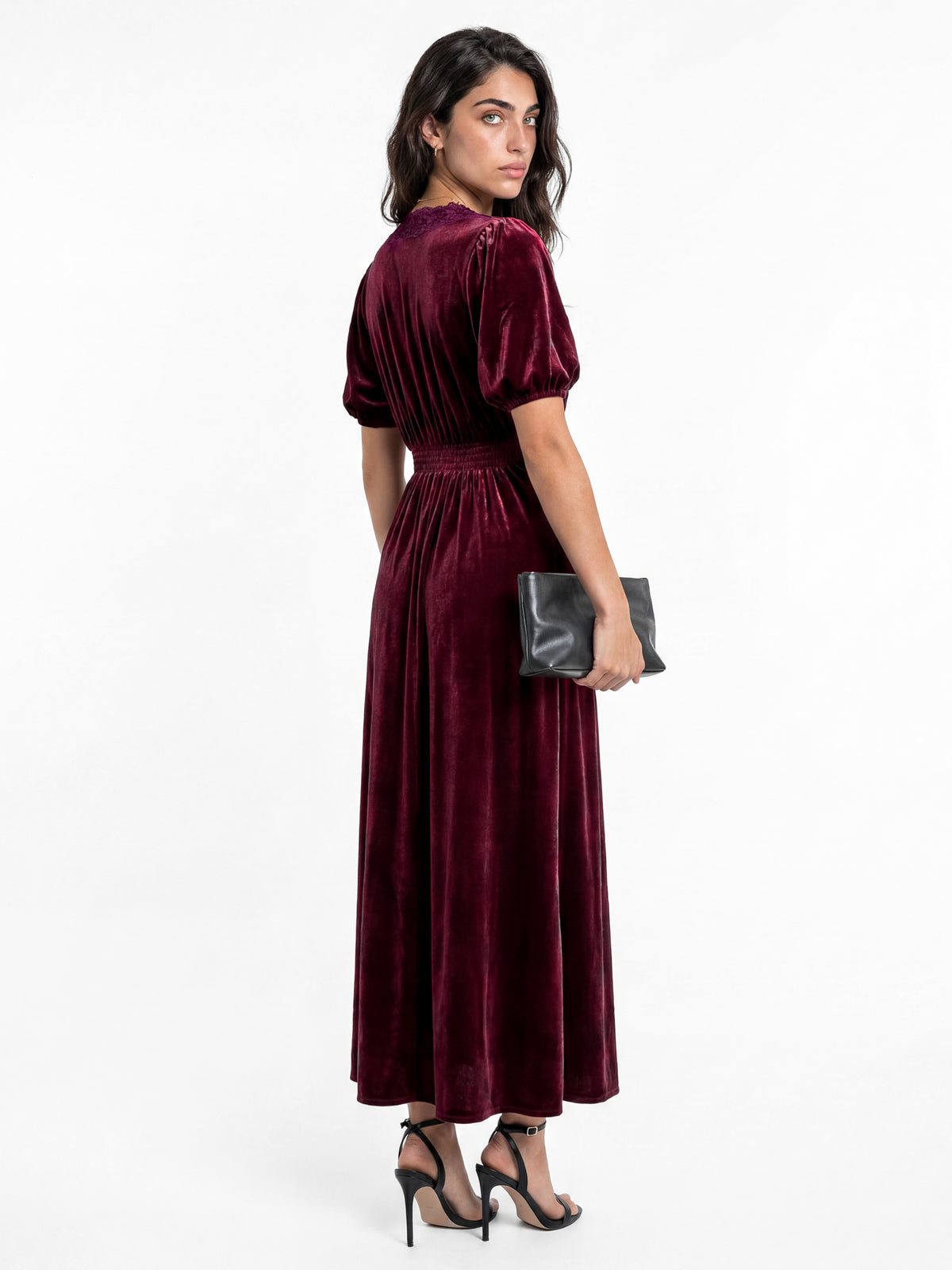 Lovedrobe Berry Short Sleeve V Neck Lace Trim Velvet Midaxi Dress