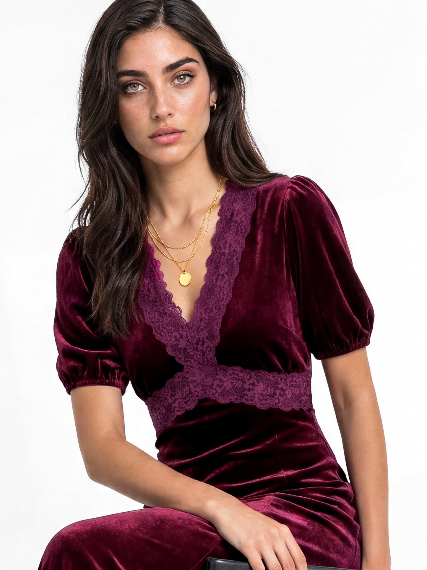 Lovedrobe Berry Short Sleeve V Neck Lace Trim Velvet Midaxi Dress