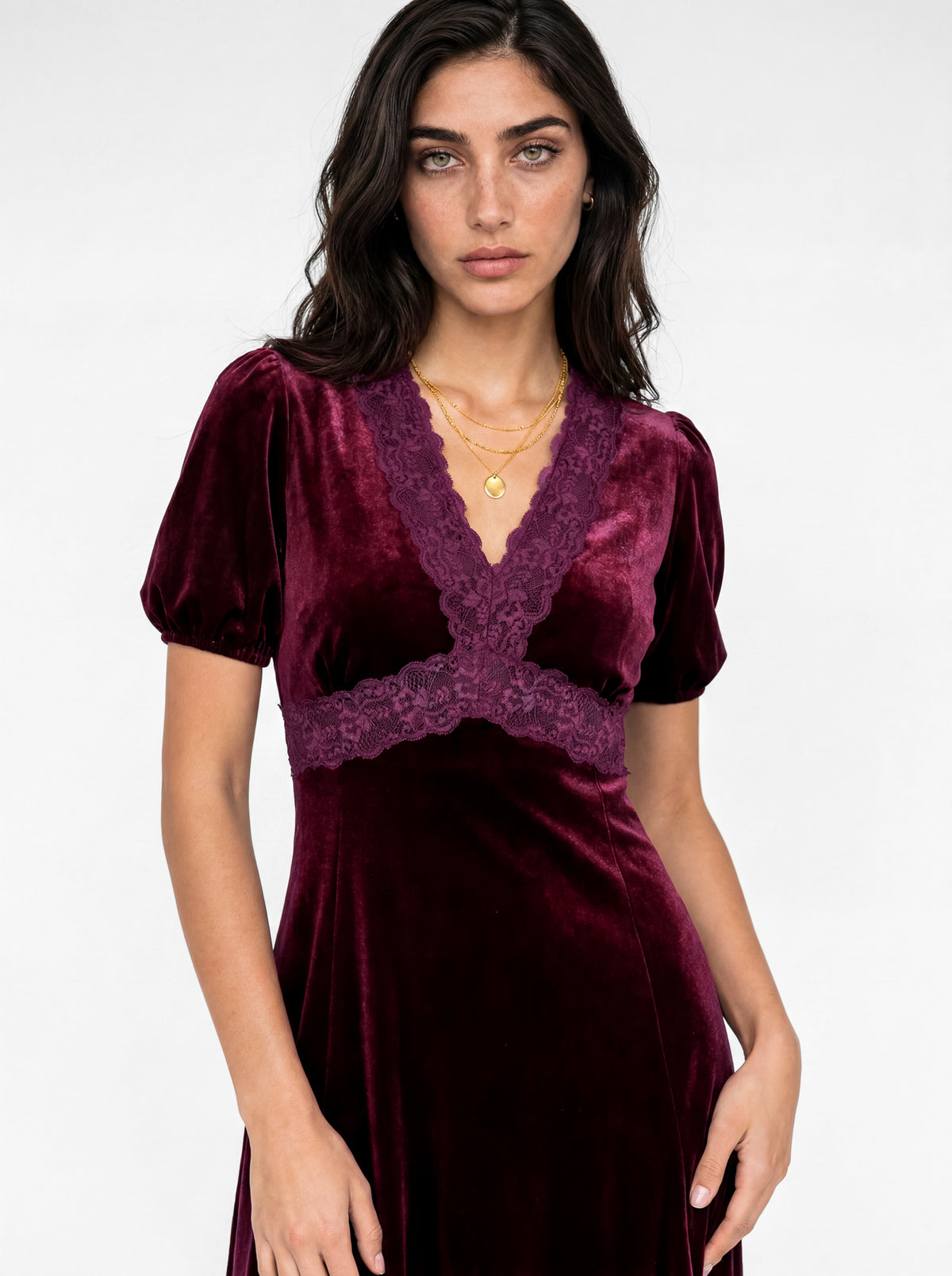 Lovedrobe Berry Short Sleeve V Neck Lace Trim Velvet Midaxi Dress
