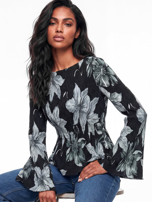 Lovedrobe Black Floral Print Bell Sleeve Plisse Top
