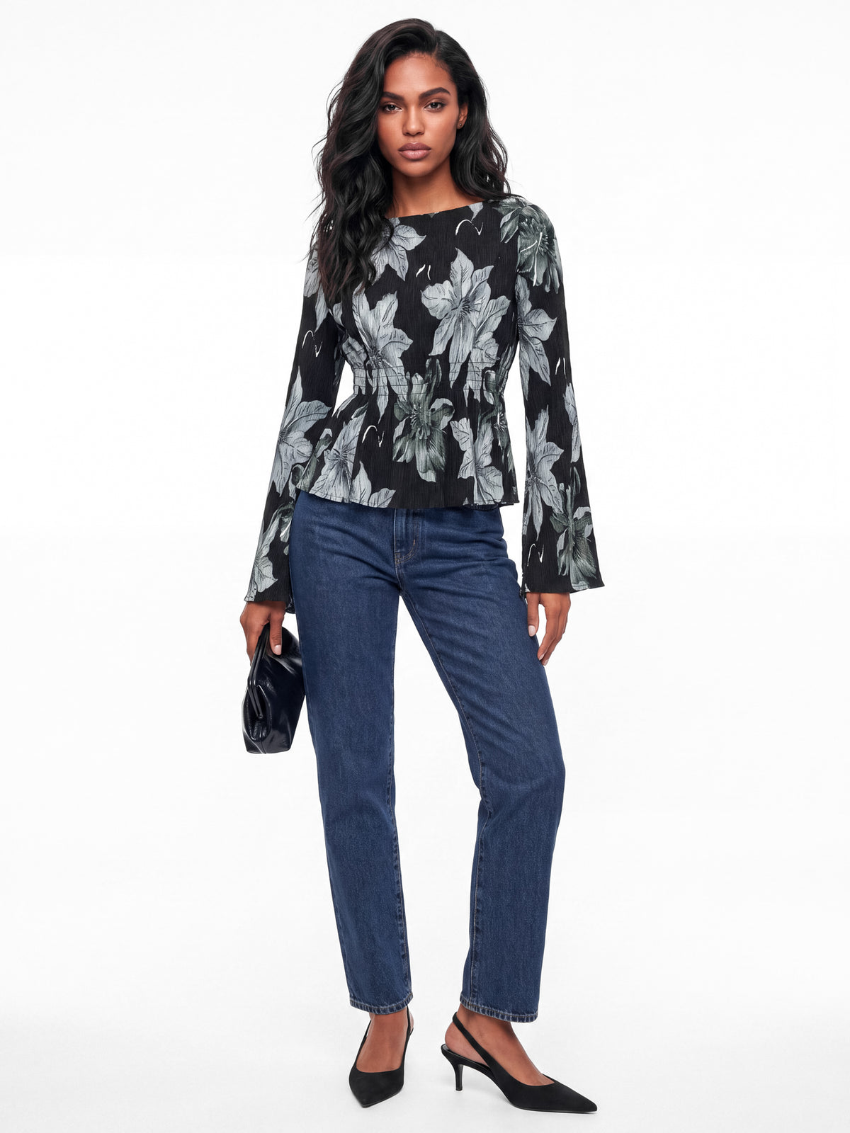 Lovedrobe Black Floral Print Bell Sleeve Plisse Top