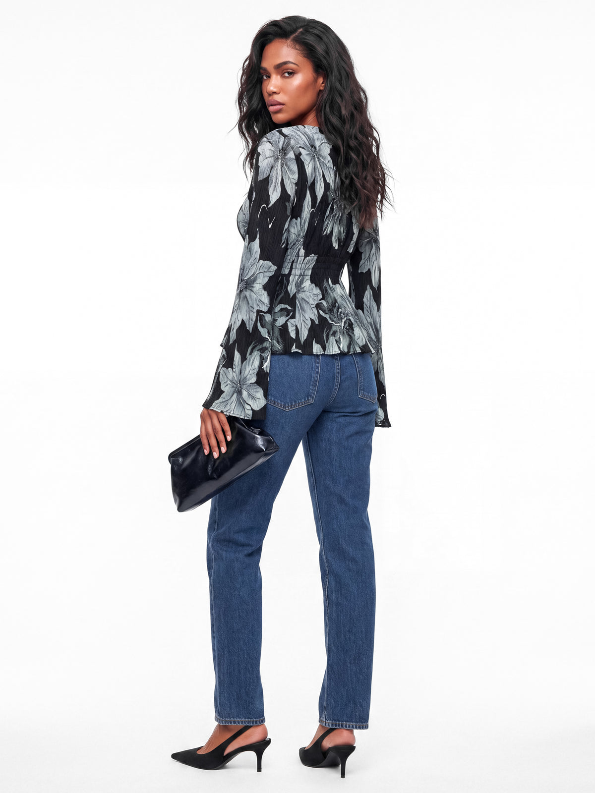 Lovedrobe Black Floral Print Bell Sleeve Plisse Top
