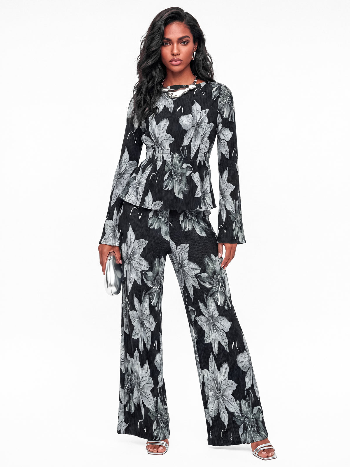 Lovedrobe Floral Print Plisse Palazzo Trousers