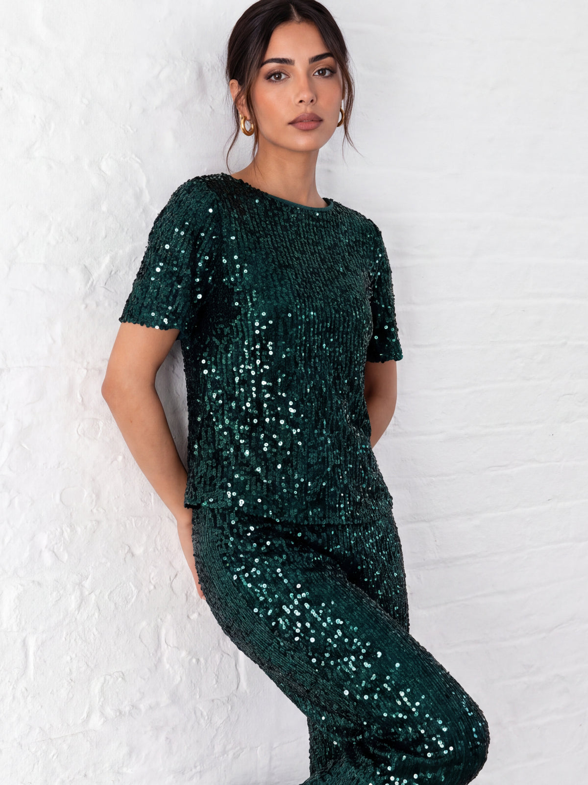 Lovedrobe Emerald Embellished Velvet Short Sleeve Boxy Top