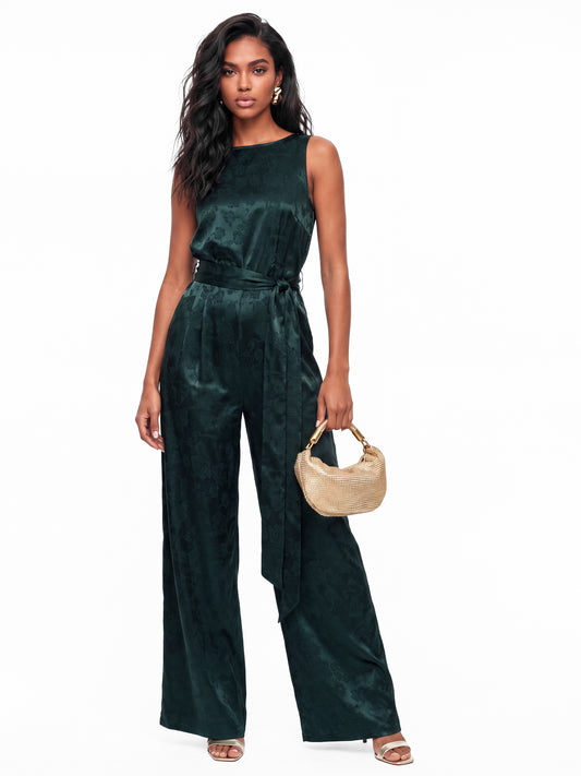 Lovedrobe Teal Stain Floral Jacquard V Back Wide Leg Jumpsuit