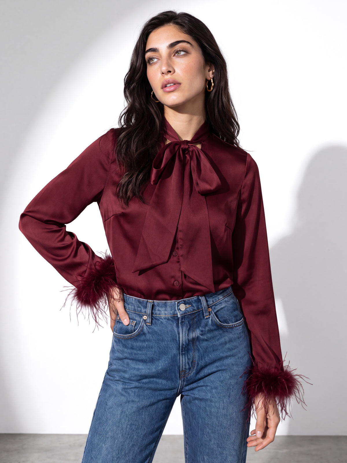 Lovedrobe Berry Pussybow Collar & Feather Cuffs Satin Blouse
