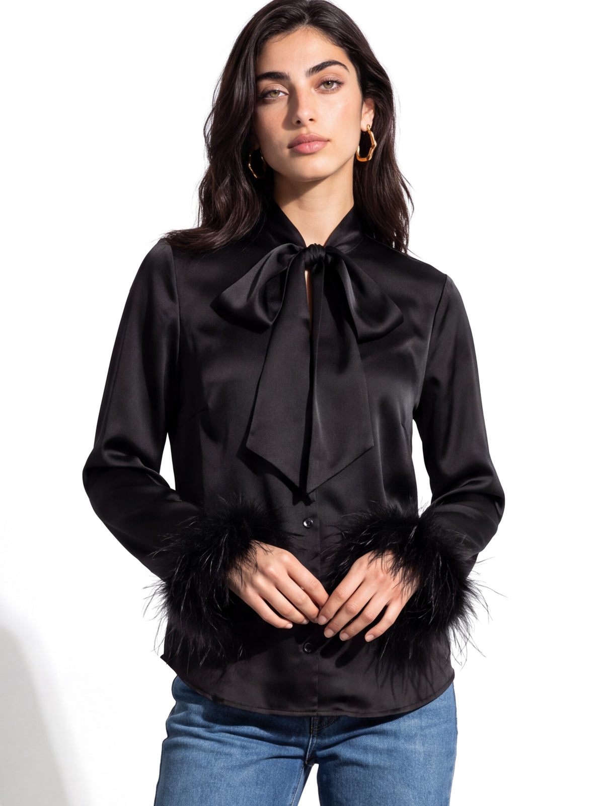 Lovedrobe Black Pussybow Collar & Feather Cuffs Satin Blouse