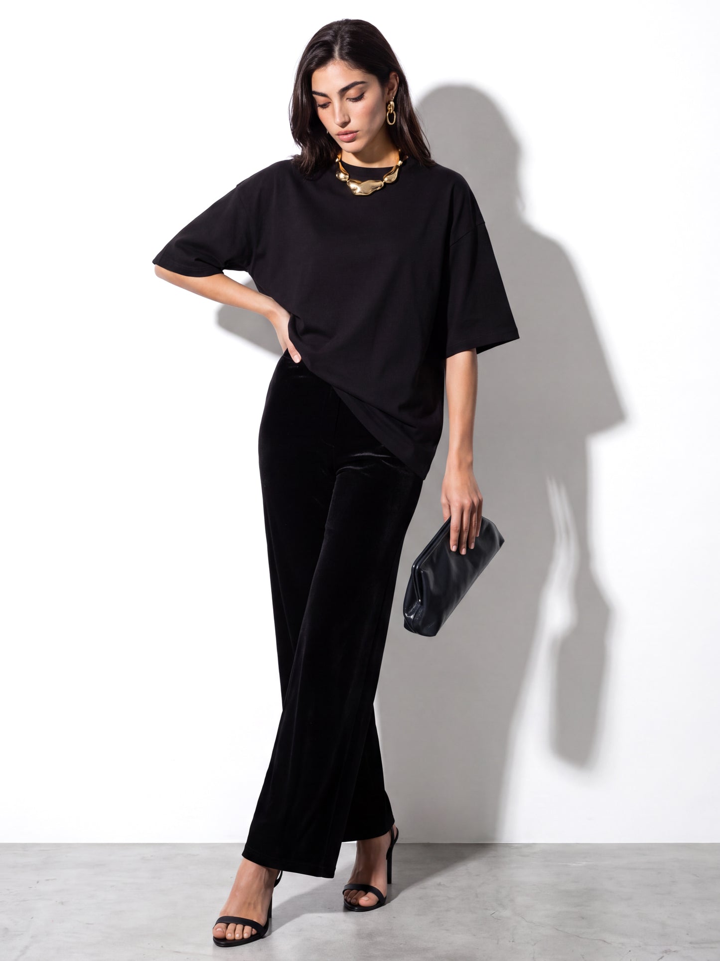 Lovedrobe Black High Waist Wide Leg Velvet Trousers With Pockets