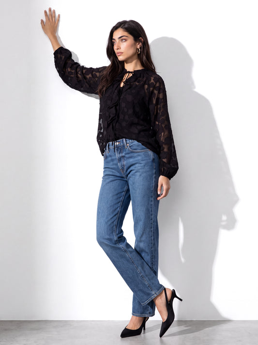 Lovedrobe Black Floral Burnout Raglan Sleeve Ruffle Blouse