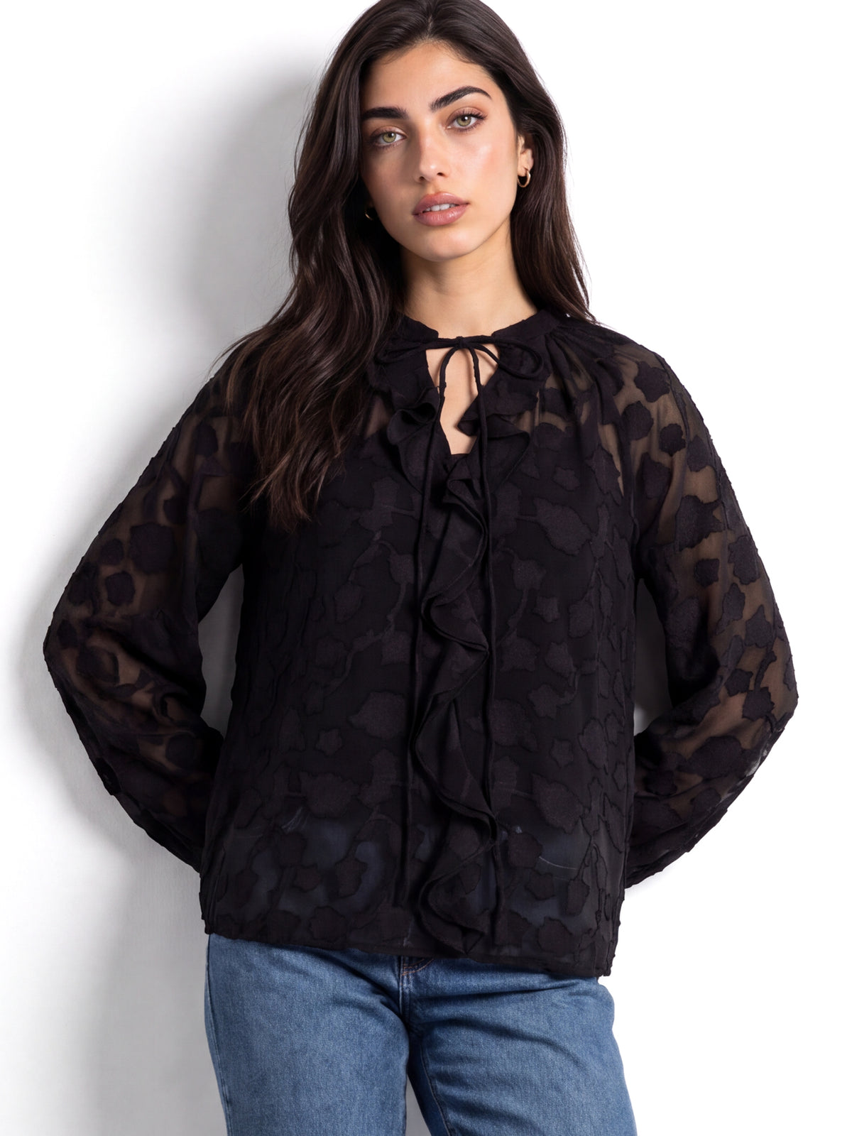 Lovedrobe Black Floral Burnout Raglan Sleeve Ruffle Blouse