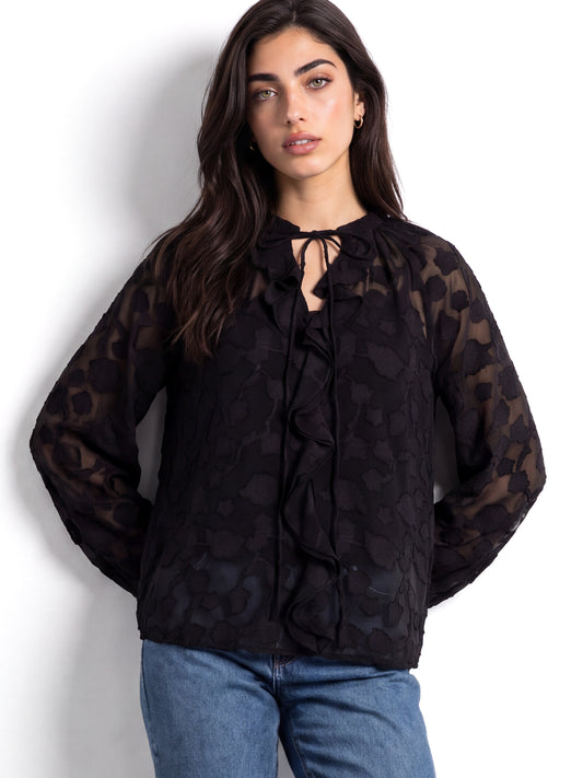 Lovedrobe Black Floral Burnout Raglan Sleeve Ruffle Blouse
