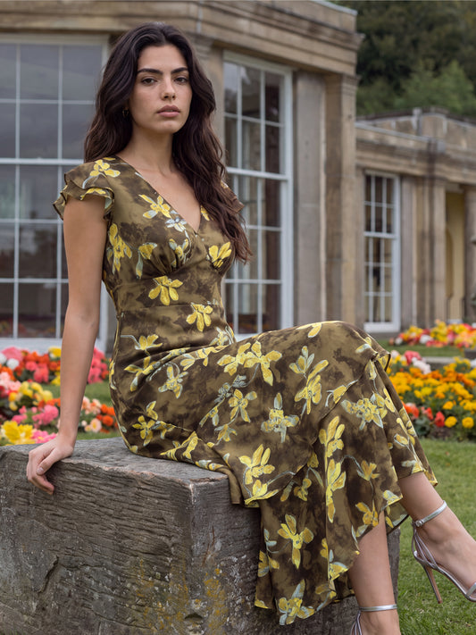 Lovedrobe Olive Floral Flutter Sleeve Tiered Midaxi Dress