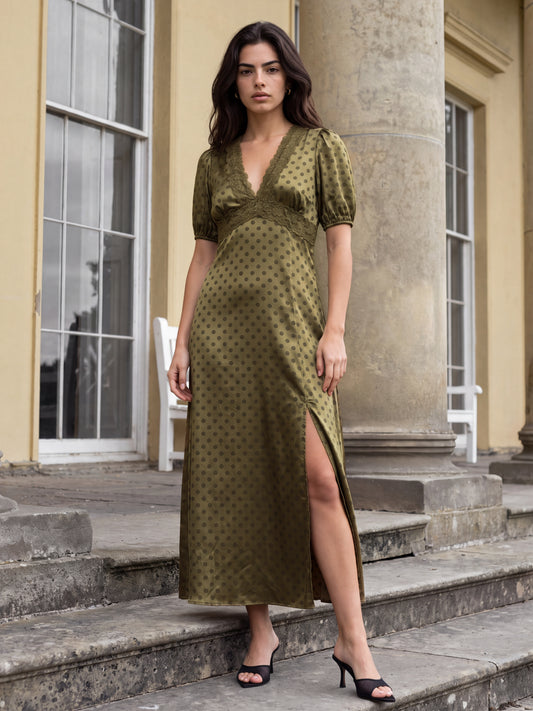Lovedrobe Olive Polka Dot V Neck Midaxi Dress with Lace Trim
