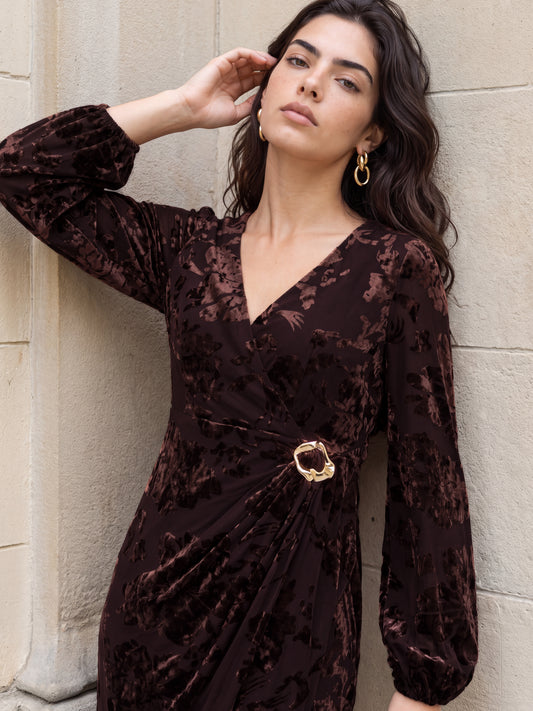 Lovedrobe Brown Floral Velvet Devore Faux Wrap Midaxi Dress