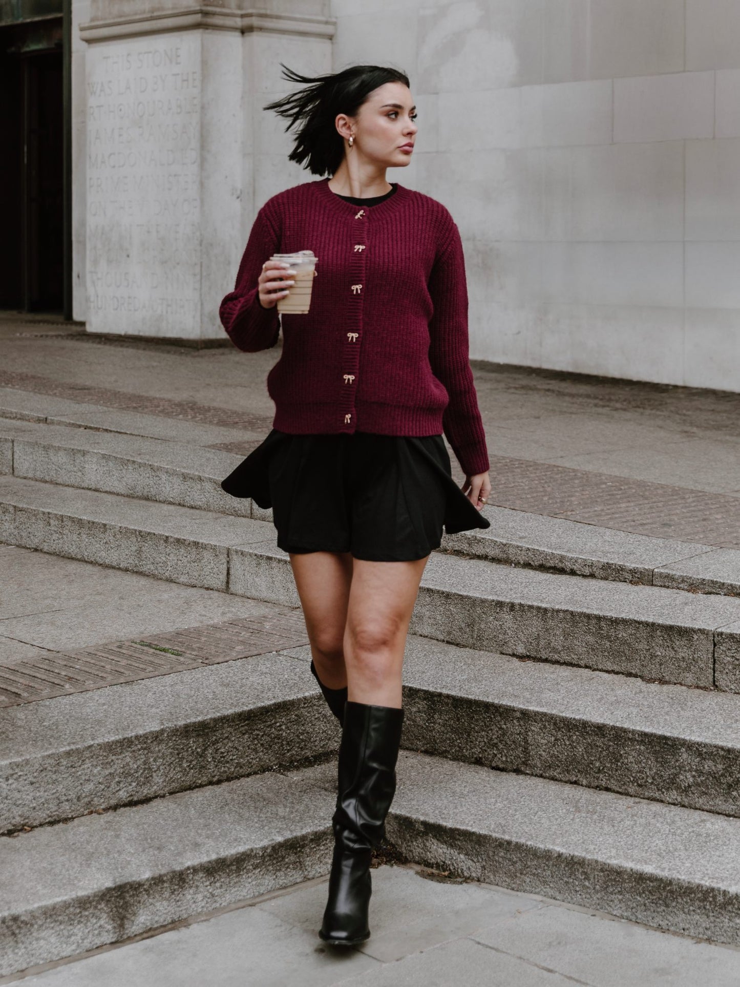 Lovedrobe Bow Button Round Neck Burgundy Cardigan