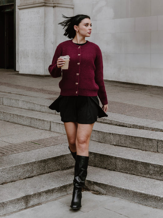 Lovedrobe Bow Button Round Neck Burgundy Cardigan