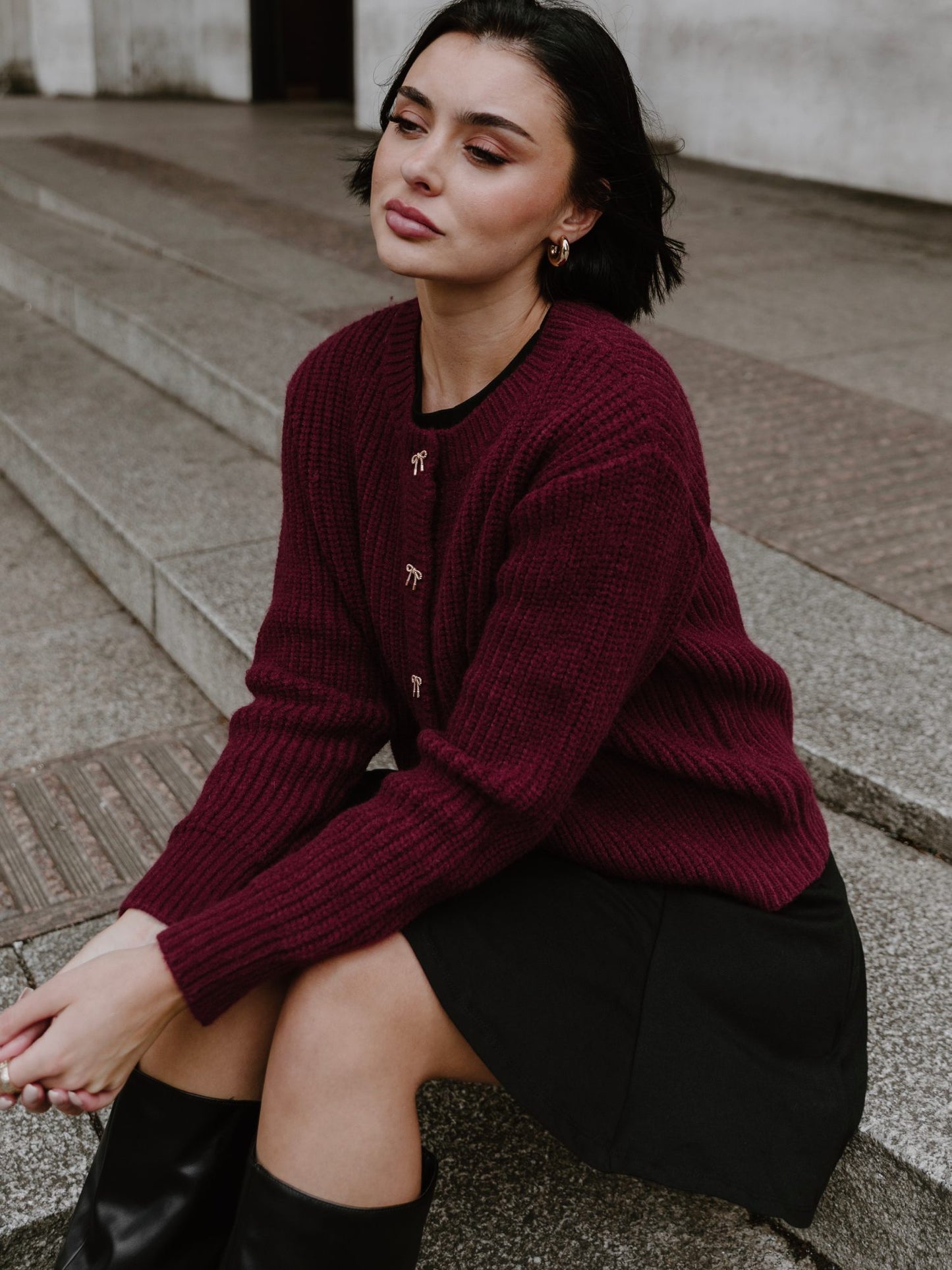 Lovedrobe Bow Button Round Neck Burgundy Cardigan