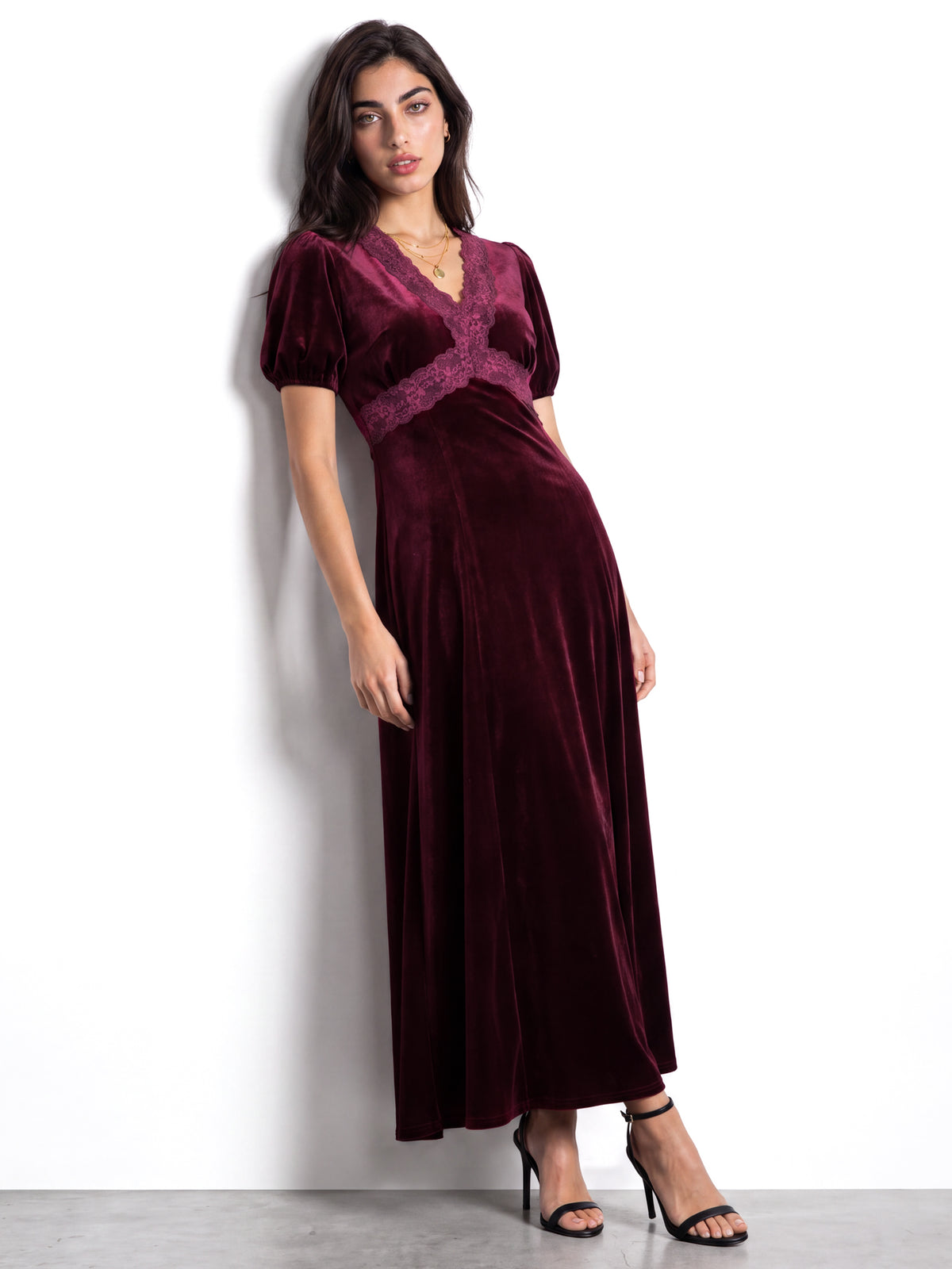 Lovedrobe Berry Short Sleeve V Neck Lace Trim Velvet Midaxi Dress