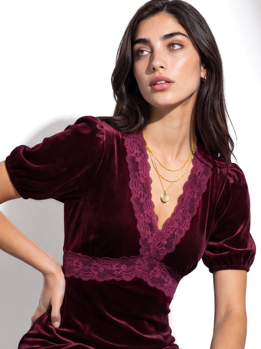Lovedrobe Berry Short Sleeve V Neck Lace Trim Velvet Midaxi Dress